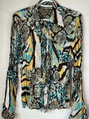 Melanie Lyne Abstract Print Button‑Down Blouse – Size L  Chic Statement Top